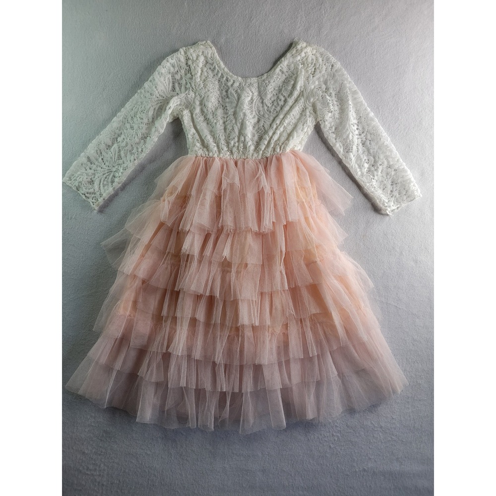 Girls White Lace Blush Pink Tiered Tulle Long Sleeve Flower Girl Party Dress